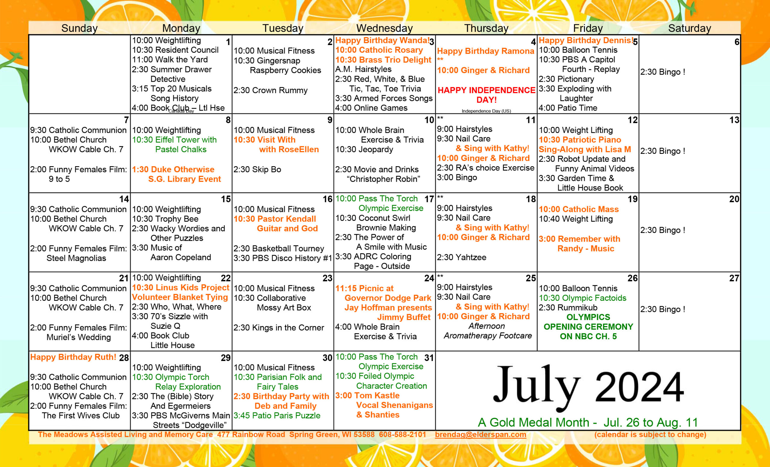 Meadows Assisted Living July calendar