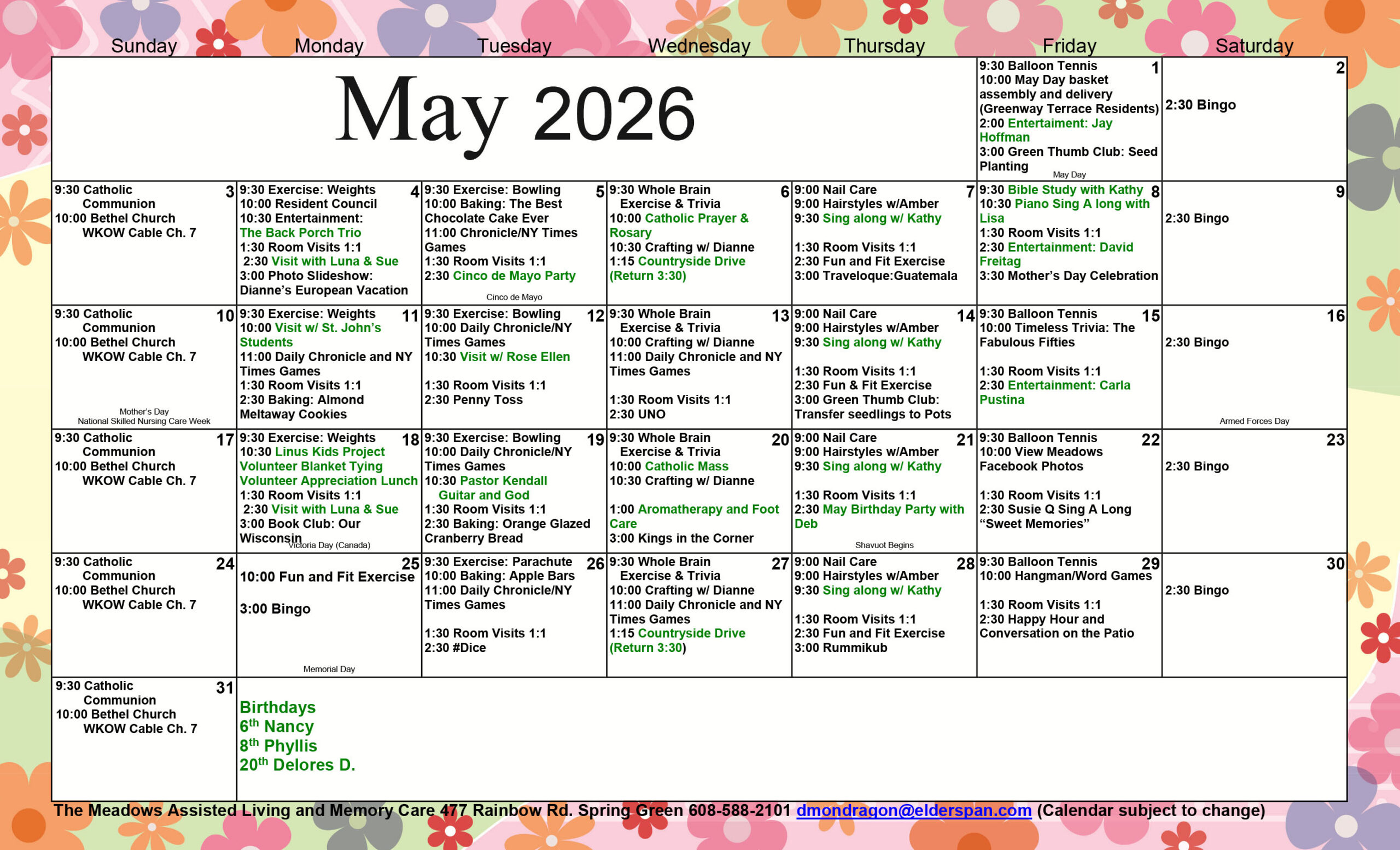 Meadows Assisted Living & Memory Care May 2026 calendar