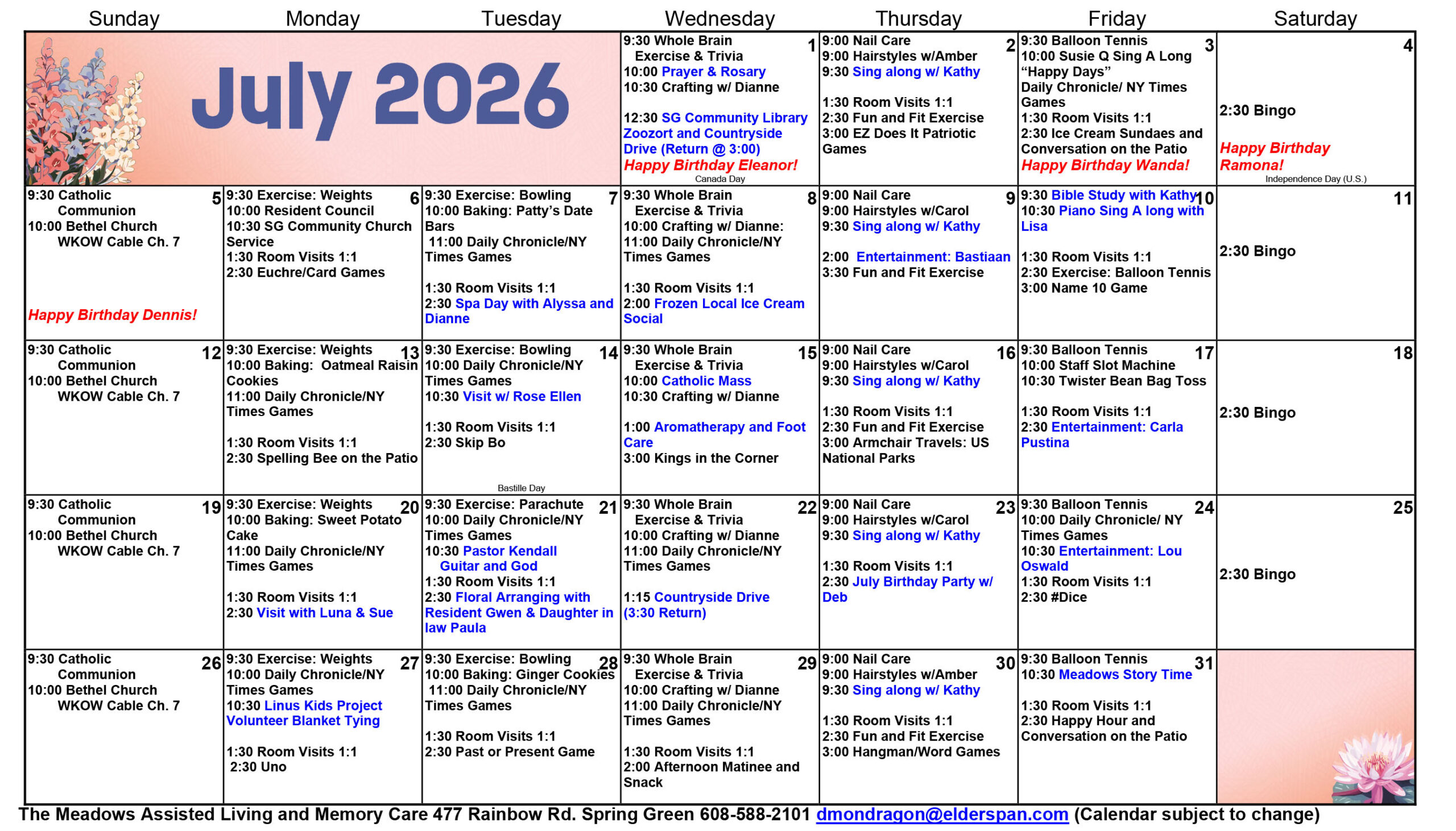 Meadows Assisted Living & Memory Care July 2026 calendar