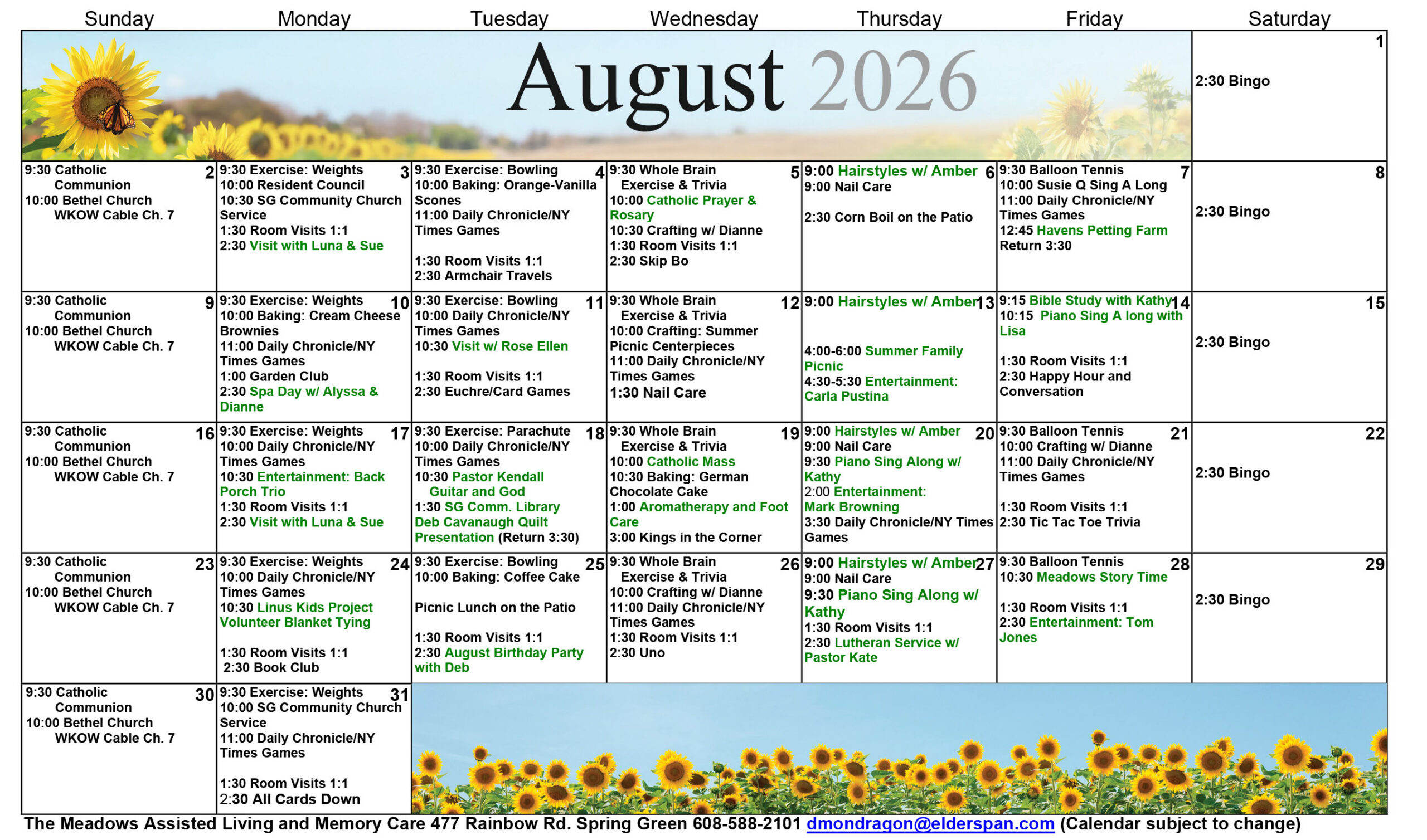Meadows Assisted Living & Memory Care August calendar